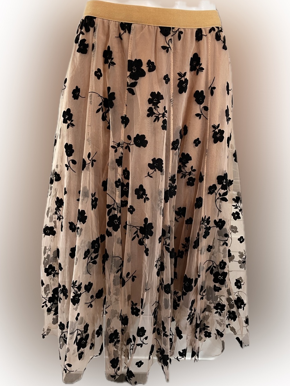 Chicwish Nude Mesh Maxi Skirt with Black Floral Appliqué